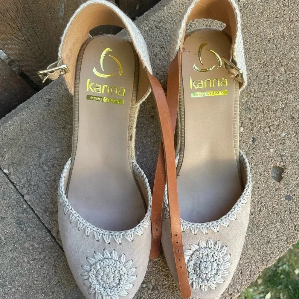 KANNA Women’s Cream Tan Espadrille Platform Wedge Heel Strap Shoe 39